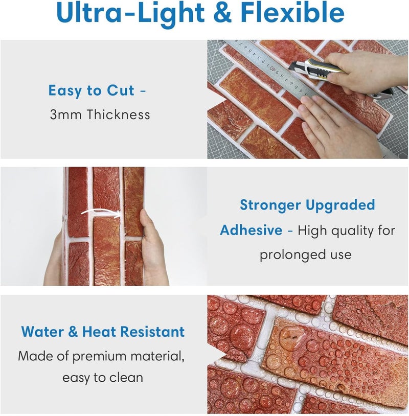 COMSTICKC 3D Red Brick Peel and Stick Wall Panels,10 Pcs of 12"X12",Small Size, Thin PVC 3D Fake Brick Self Adhesive Wall Covering Faux Brick Backsplash Interior Decor - Image 5
